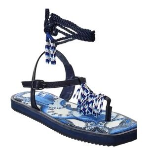 NEW FARM RIO blue Bandana Tile Beaded Sandals Size 8 Women Wrap Ankle Casual